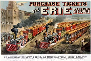 La escena del ferrocarril americano en Hornellsville, Ferrocarril Erie (impresión, 1874)